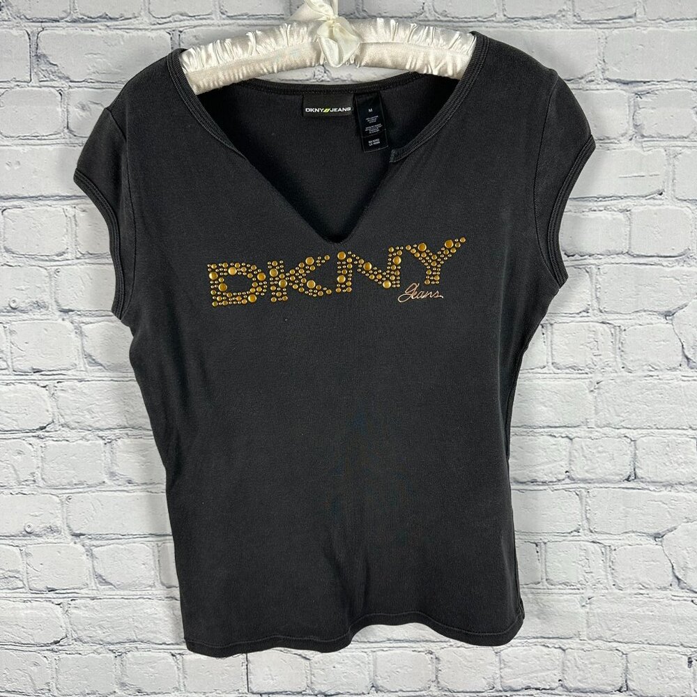 DKNY Women's Embellished Studded Logo V-Neck Cap Sleeve Tee, Size Medium, Black